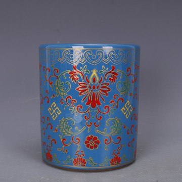 清乾隆豆青釉琺瑯彩花紋筆筒仿古瓷器家居文房中式擺件古董古玩1入