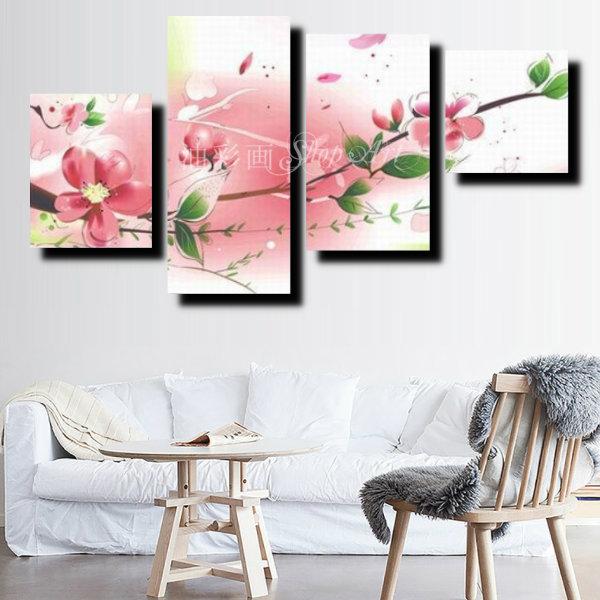 絵画　壁掛け　風景　花　モダン　アートパネル　インテリア　手書きの油彩画　４枚セット　ピンクの花々　Ｌサイズ