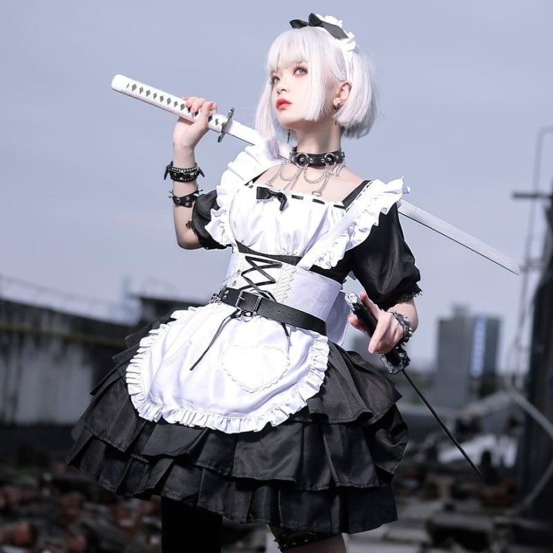 ゴスロリ系 メイド服 COS コスプレ ミリロリ ロリータ ワンピ エプロン