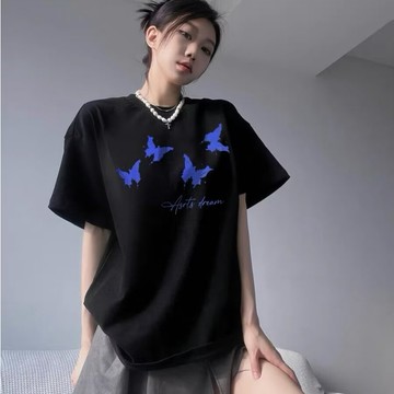 黑白兩色 藍色蝴蝶印花短袖 韓版潮牌潮流 簡約時尚休閒短袖 學生個性 男生夏天圓領寬鬆短袖