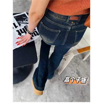 貓貓家加長女褲復古做舊高腰微喇牛仔褲女皮標腰頭修身顯瘦拖地褲