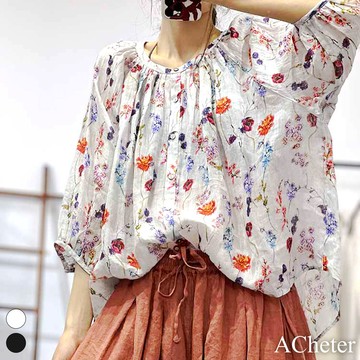 【ACheter】夏季民族風復古別致圓領七分袖單排扣顯瘦印花苧麻襯衫寬鬆短版上衣# 117546(現貨+預購)