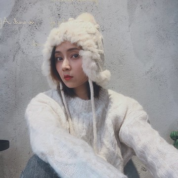 親子定制手鉤兔毛護耳毛線帽成人兒童掛球兔毛帽加絨冬季滑雪帽女1入