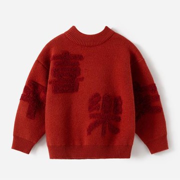男童圓領毛衣紅色新年裝2026冬季兒童厚毛線衣節日拜年服8215