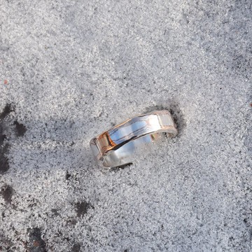 手工製作 銀+銅 木目金木紋金Mokume gane鑲銀開口戒指