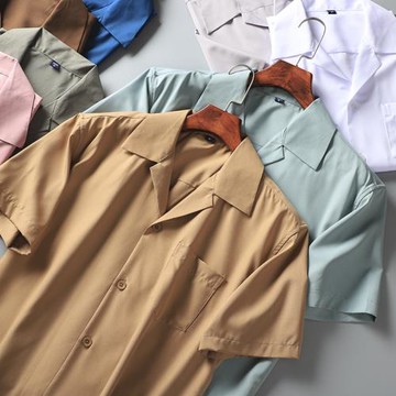 外貿原單尾貨剪標男士夏季美式古巴領純色簡約寬松短袖襯衫襯衣男