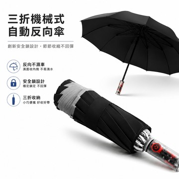 🔥可開統編🔥 三折機械自動反向傘 全自動大號傘 黑膠遮陽傘 防曬防回彈 反向傘男士商務晴雨傘 自動傘