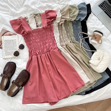 法式氣質百搭飛飛袖褶皺修身顯瘦吊帶連體褲闊腿褲休閑褲熱褲女