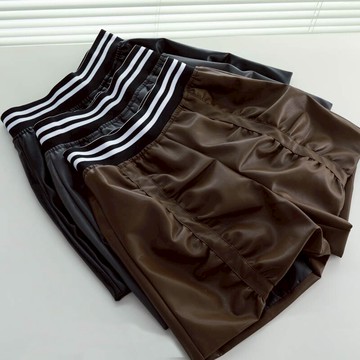 皮褲女秋季新款韓版松緊高腰褶皺闊腿短褲PU皮百搭外穿靴褲