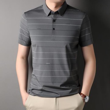 夏季休閑polo衫男領條紋短袖t恤中年寬松冰絲男裝寬松半袖體恤