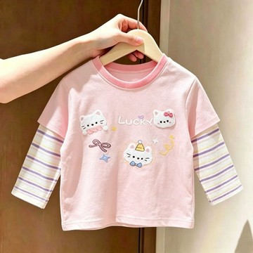 超甜美百搭～女童假兩件長袖T恤春秋款兒童刺繡貓咪純棉上衣寶寶洋氣打底衫 女童長袖T恤 小女孩洋氣可愛印花上衣 假兩件T恤