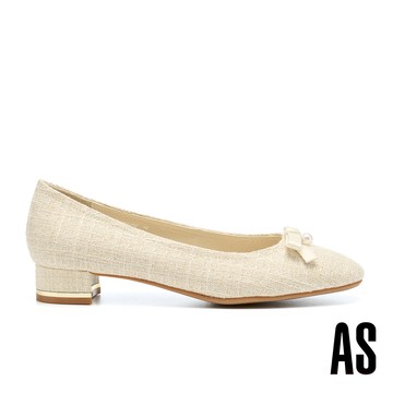 AS 高雅氣質珍珠蝴蝶結毛呢布低跟鞋－米白