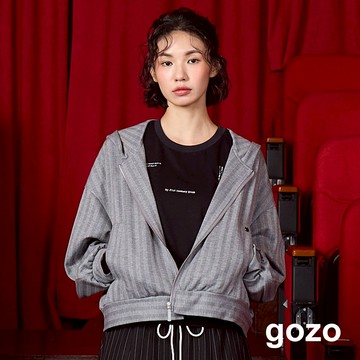 【gozo】➤條紋針織連帽拉鍊外套(灰色/黑色_F) | 女裝 修身 百搭