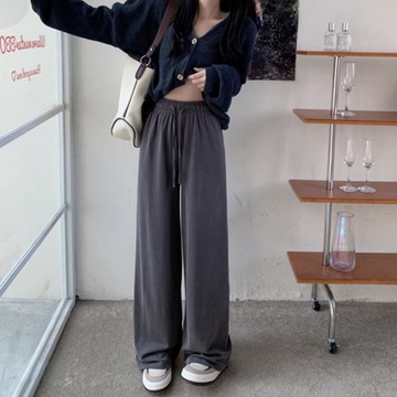 La Belleza素色高彈酷絲棉坑條闊腿褲直筒垂墬感寬褲