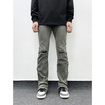 美式高街修身直筒彈力拉鏈假破洞牛仔褲男復古顯瘦微喇叭長褲潮牌