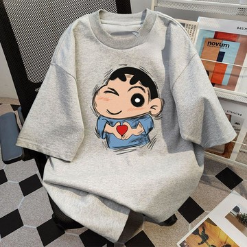 100%純棉圓領短袖t恤男女蠟筆小新夏季減齡潮牌情侶圓領上衣男ins風寬鬆休閒