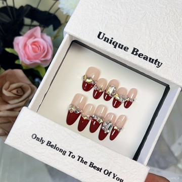 🎀純手工穿戴甲🎀【心語心願】手工穿戴甲氣質秋冬新年款純慾酒紅法式碎鑽爆閃美甲新年美甲貼片高級感穿戴甲顯白美甲片 NR5Y