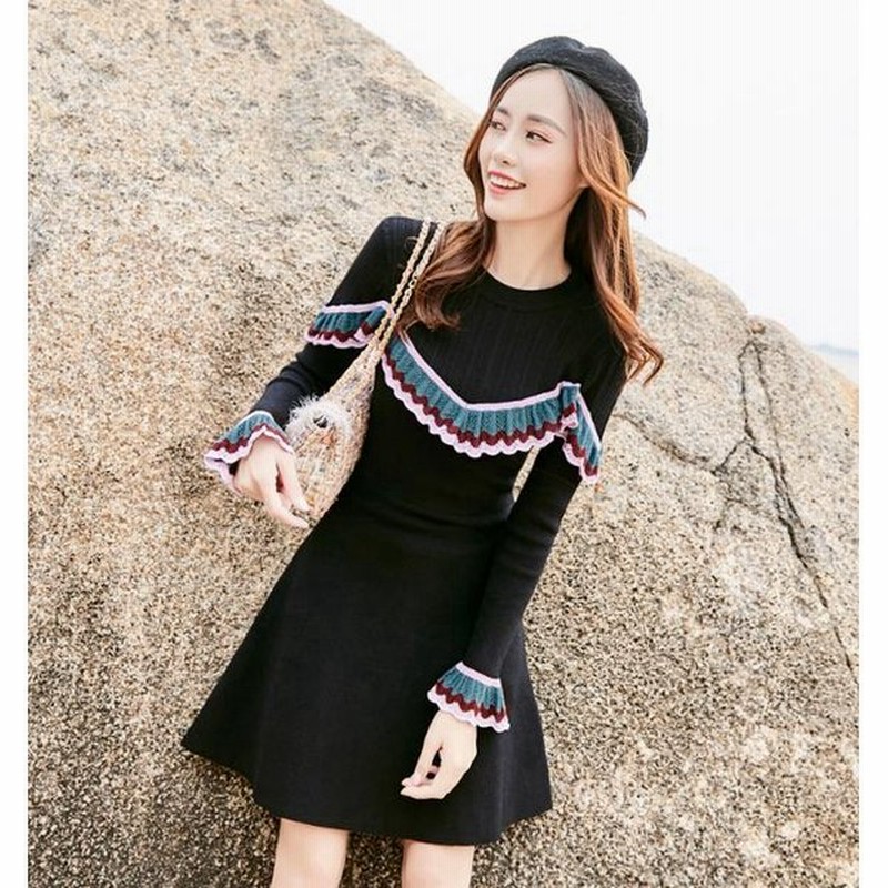 ワンピース レディース カジュアル 秋 冬 ニットワンピ ニットワンピース ミニ丈 ショート丈 ミニワンピ クルーネック 長袖 ロングスリーブ かぎ編み スリム 通販 Lineポイント最大0 5 Get Lineショッピング