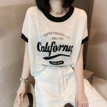 洋裝 短袖t恤 女裝 顯瘦上衣 寬鬆上衣 韓版日係港風潮流 100%竹節棉T恤百搭顯瘦上衣夏季時尚字母印花寬鬆短袖女洋氣