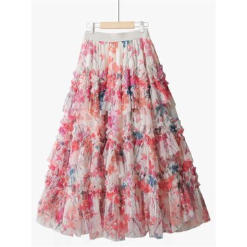 春品質紗裙仙女不規則碎花長款旅游度假網紗顯瘦蓬蓬蛋糕半身裙