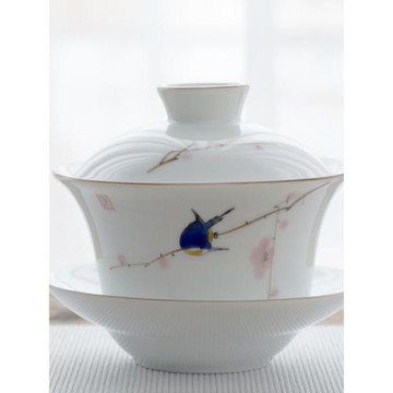 蓋碗大號手繪青花瓷三才杯手工敬茶碗八寶茶碗功夫茶具釉下彩白瓷