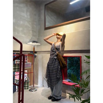 Two2復古格子掛脖吊帶連衣裙不規則時尚寬松顯瘦百搭氣質疊穿長裙
