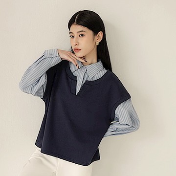 假兩件拼接翻領條紋寬鬆長袖上衣-OB嚴選