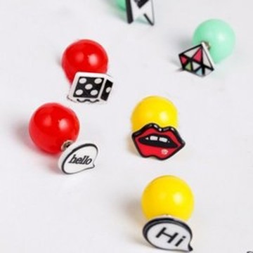 PS MALL塗鴉紅唇閃電圓球前後耳環 3對入