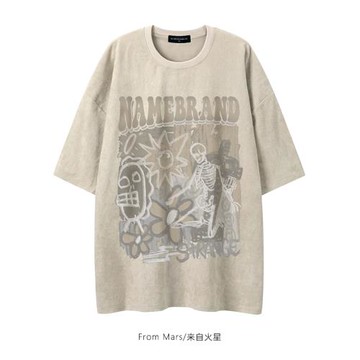 From Mars 街邊涂鴉 歐美復古骷髏印花麂皮絨短袖寬松做舊半袖T恤