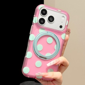 蘋果18Promax手機殼iphone17pro新款撞色透明粉底綠波點360磁吸支架殼16簡約ins小衆高級防摔保護套