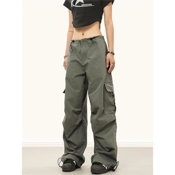 0123Start 美式軍綠重工拖地工裝褲男女垂感hiphop褶皺顯瘦直筒褲