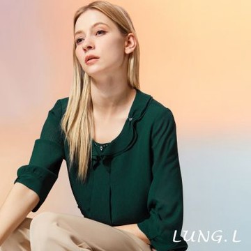 LUNG.L林佳樺 深綠荷葉領鑽飾七分袖女裝上衣 LW46A