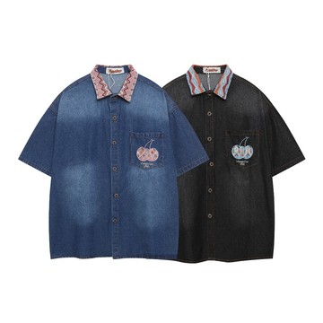 【OTIS】 【絕版現貨】櫻桃刺繡 水洗 牛仔布 襯衫 厚磅 短袖 RETRO 寬鬆 OVERSIZE 街頭 OT135