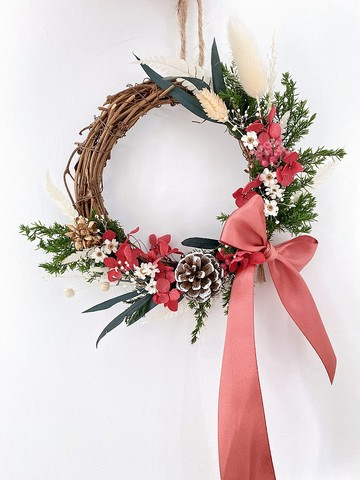 材料包/成品 直徑15公分日系紅色聖誕經典花圈 花材包 成品 三款