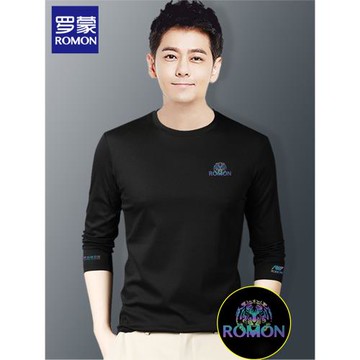 羅蒙品牌正品長袖T恤男士黑色上衣服純棉外穿帥氣體恤打底衫秋裝