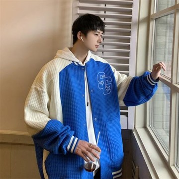 華夫格外套男美式復古拼接上衣vintage棒球服春秋新款飛行員夾克