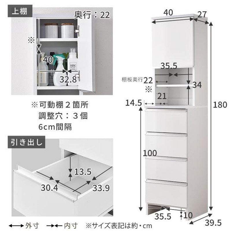 ランドリー収納 スリム 幅40cm 高さ180cm チェスト ラック 収納 国産