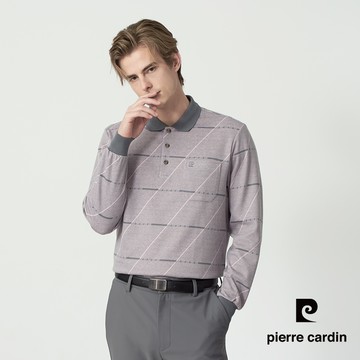 【pierre cardin 皮爾卡登】男款 簡約條紋厚長袖POLO衫-粉灰色 (5255272-72)