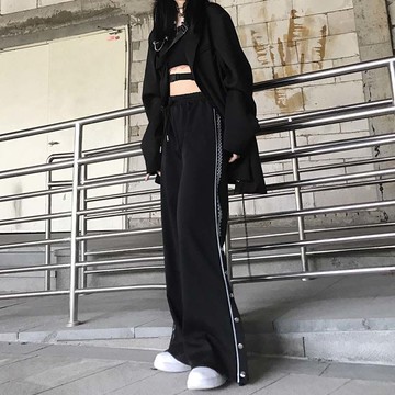 直筒褲運動個性開叉闊腿褲休閒長褲學生設計感高街褲子女韓版潮春夏新款