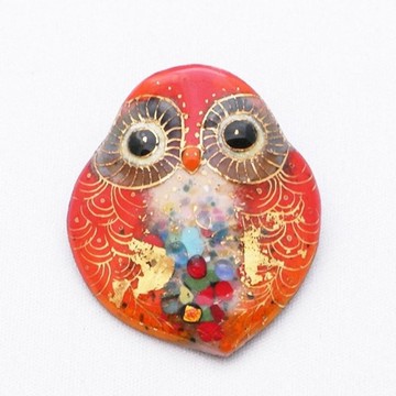 貓頭鷹B(中-紅色) 掐絲琺瑯胸針