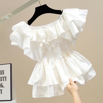 時尚褶皺甜美荷葉邊拼接一字領收腰顯瘦套頭襯衫女洋氣百搭上衣潮