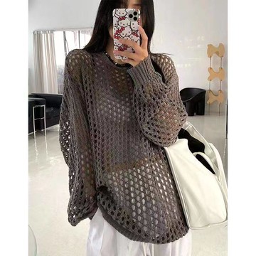 9th stree新款灰色外搭透氣寬鬆性感長袖罩衫慵懶風鏤空針織衫 (預購)