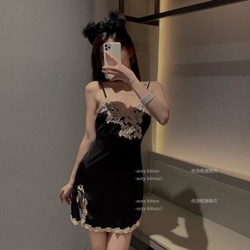 「絲洛緹」高端冰絲性感誘惑睡裙女夏季刺繡蕾絲薄款吊帶睡裙顯瘦