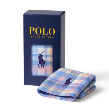 RALPH LAUREN POLO 經典粉彩格紋小馬刺繡純棉方巾禮盒(清新水藍調色 深藍禮盒款 送禮首選)