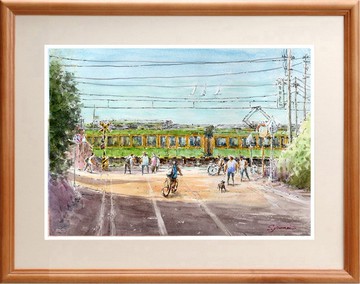 水彩畫原畫 江之電・鎌倉高校前平交道17