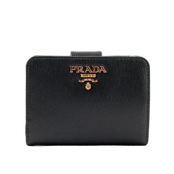 PRADA 浮雕Logo水波紋拉鍊釦式厚款零錢短夾(黑色) 1ML018 2B6P F0002
