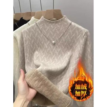 品牌折扣女裝秋冬半高領一體絨針織打底衫加絨加厚毛衣內搭上衣潮