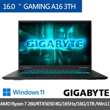 GIGABYTE技嘉 GAMING A16 3THK3TW894SH 16吋電競筆電 (AMD Ryzen 7 260/RTX5050/16G/1TB/WUXGA)