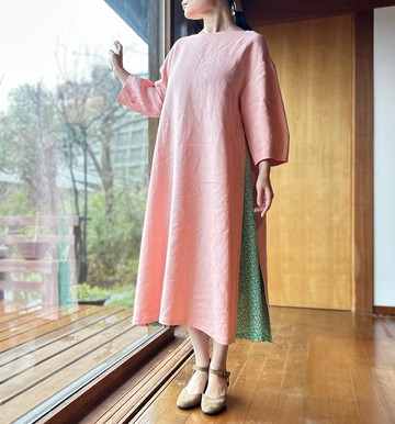 拼接亞麻連身裙 櫻花 小碎花