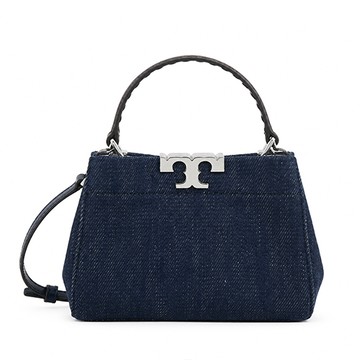 TORY BURCH ELEANOR 丹寧布金字LOGO手提/斜背兩用包(迷你/午夜藍)